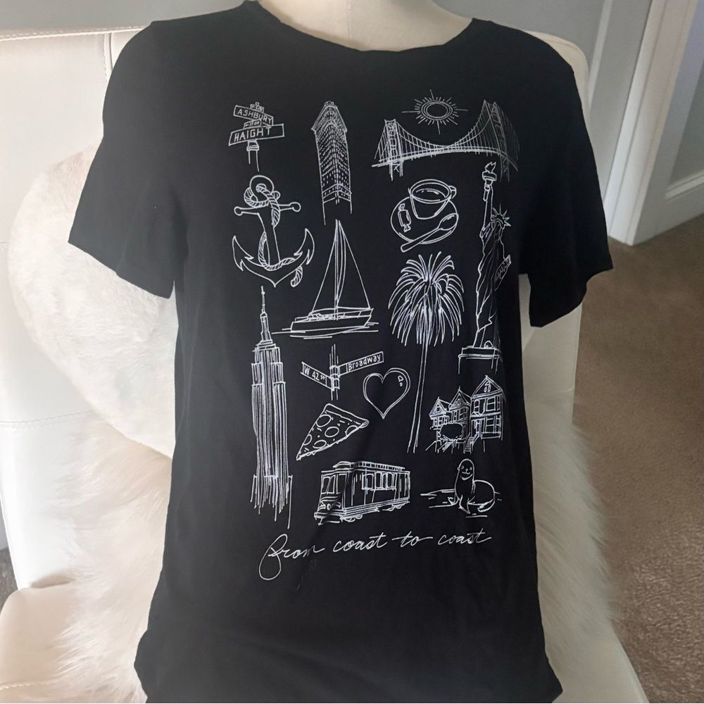 Black Graphic Tee with White Illustrations - Picture 2 of 5